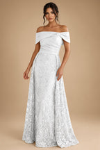 A-Line Metallic Satin Off Shoulder Bow Mother of the Bride & Groom Dresses with Floral Lace Appliques, Ruched Waist & Sweep Train (SHI22500425)