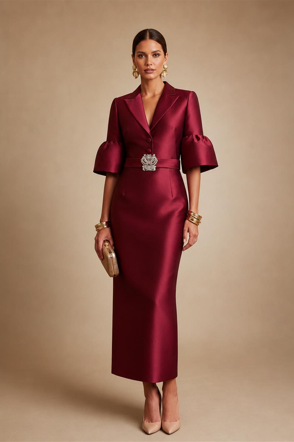 Jacquard Sheath/Column V-Neck Tea-Length Mother of the Bride & Groom Dresses for Women (SHI22501292)