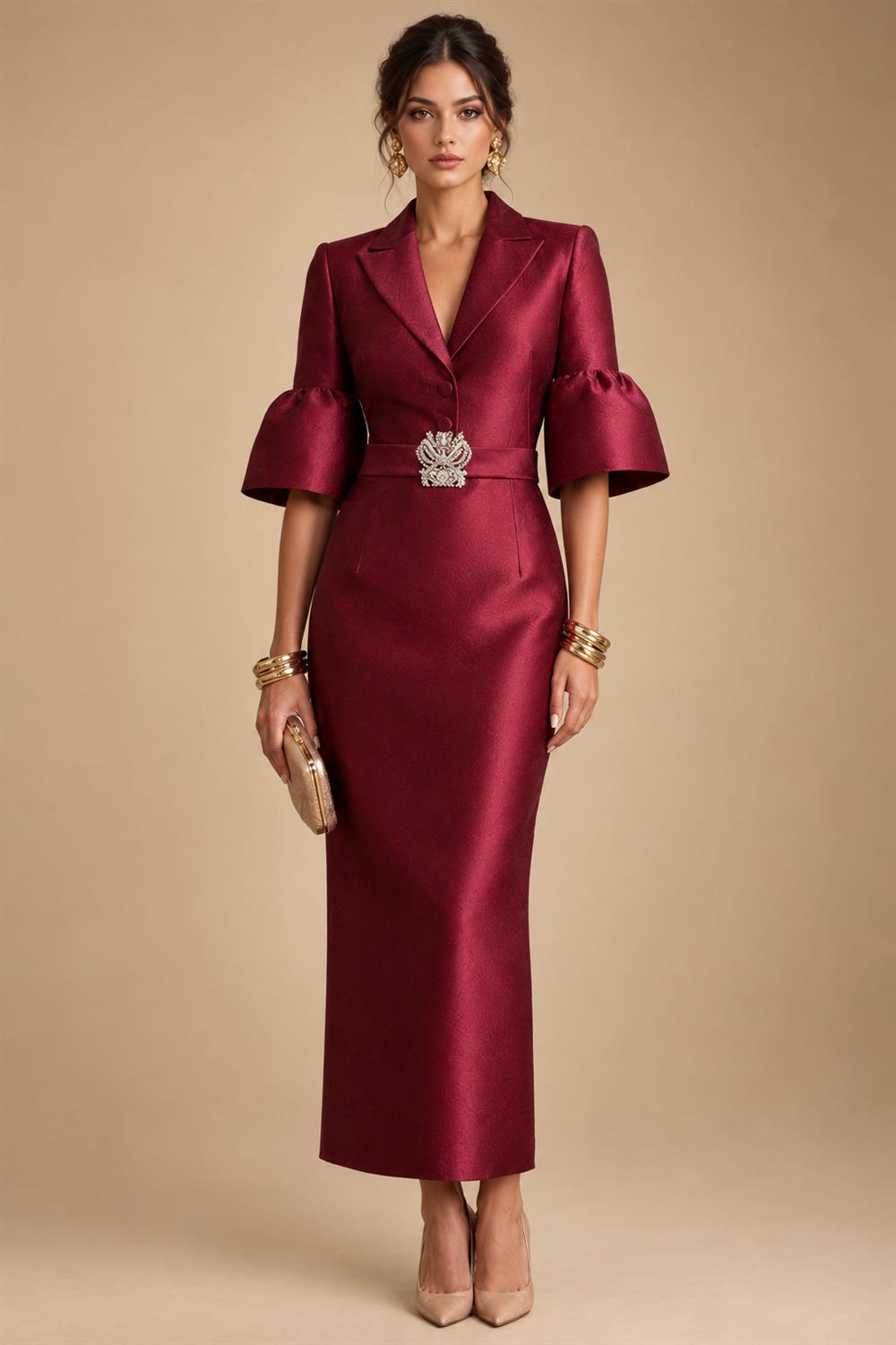 Jacquard Sheath/Column V-Neck Tea-Length Mother of the Bride & Groom Dresses for Women (SHI22501292)