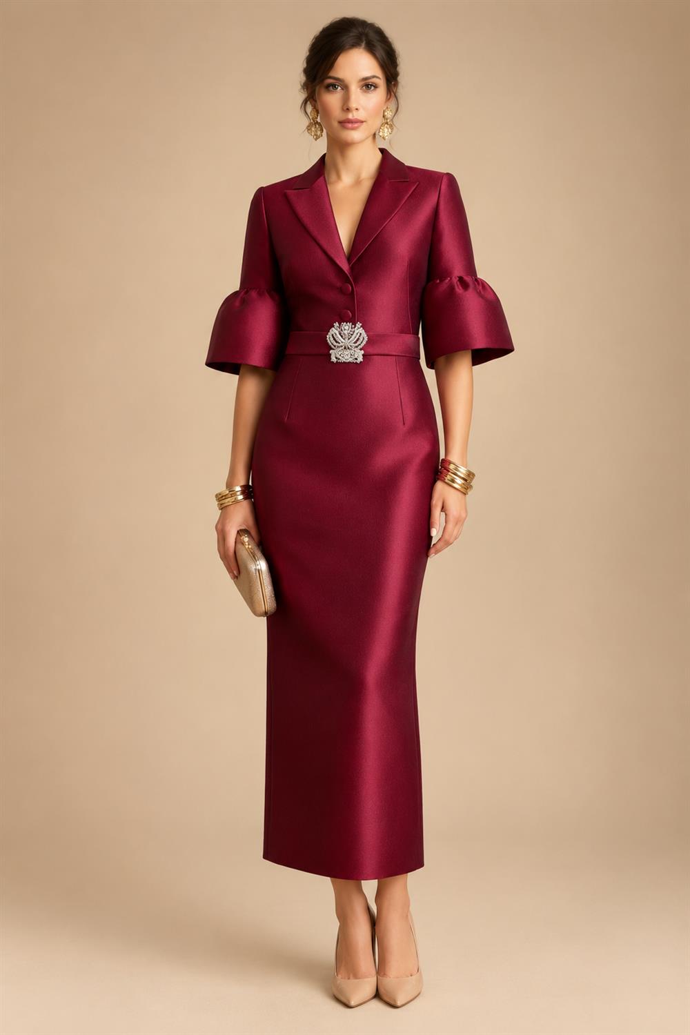 A-Line/Princess V-Neck Chiffon Maxi Mother of the Bride & Groom Dresses with Ruffles, Slit, Ruched Waist & Rhinestones (SHI22501628)