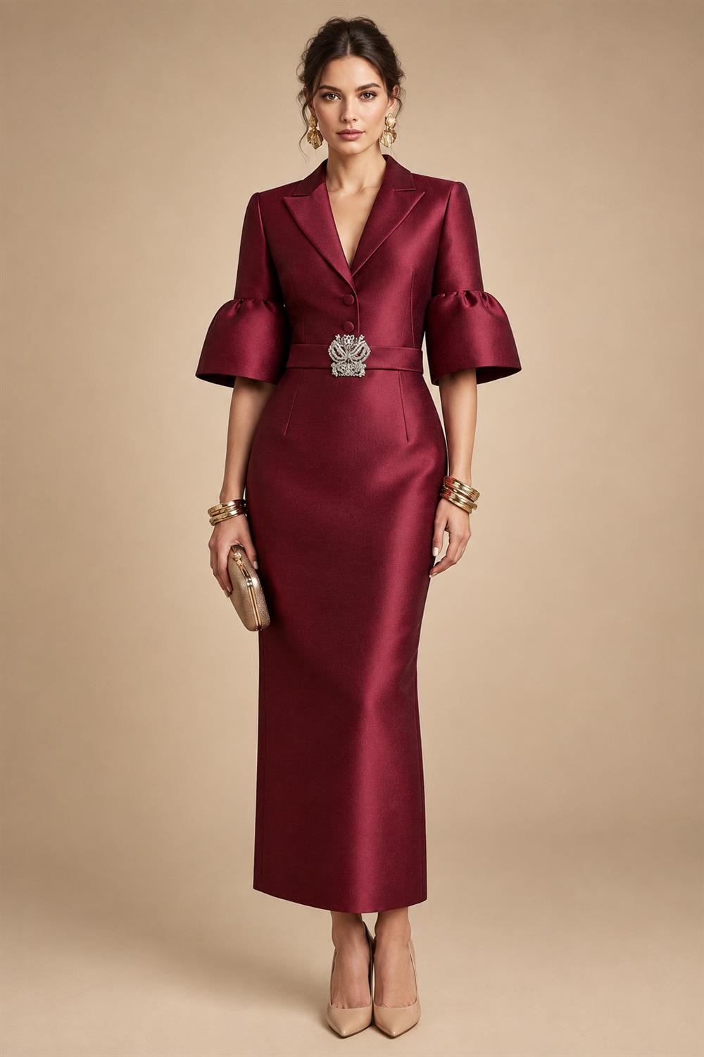 Sheath Satin Tea-Length Mother of the Bride & Groom Dresses with 3/4 Bell Sleeves & Crystal Embellished Belt (SHI22500471)