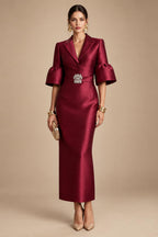 Sheath/Column Scoop Neck Satin Tea-Length Mother of the Bride & Groom Dresses with Ruched Waist & Rhinestones (SHI22501657)