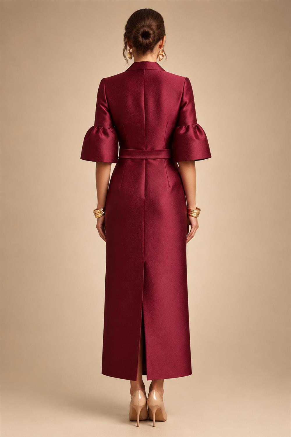 Sheath Satin Tea-Length Mother of the Bride & Groom Dresses with 3/4 Bell Sleeves & Crystal Embellished Belt (SHI22500471)