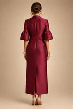 Sheath Satin Tea-Length Mother of the Bride & Groom Dresses with 3/4 Bell Sleeves & Crystal Embellished Belt (SHI22500471)