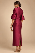 Sheath Satin Tea-Length Mother of the Bride & Groom Dresses with 3/4 Bell Sleeves & Crystal Embellished Belt (SHI22500471)