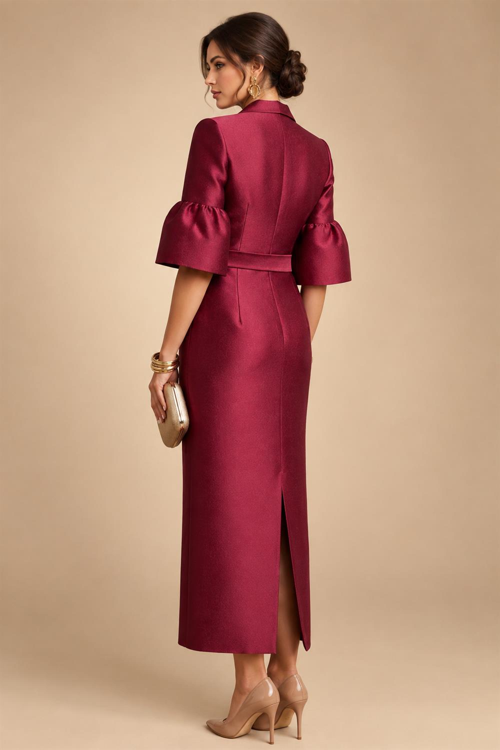 Sheath Satin Tea-Length Mother of the Bride & Groom Dresses with 3/4 Bell Sleeves & Crystal Embellished Belt (SHI22500471)