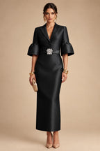 Sheath Satin Tea-Length Mother of the Bride & Groom Dresses with 3/4 Bell Sleeves & Crystal Embellished Belt (SHI22500471)