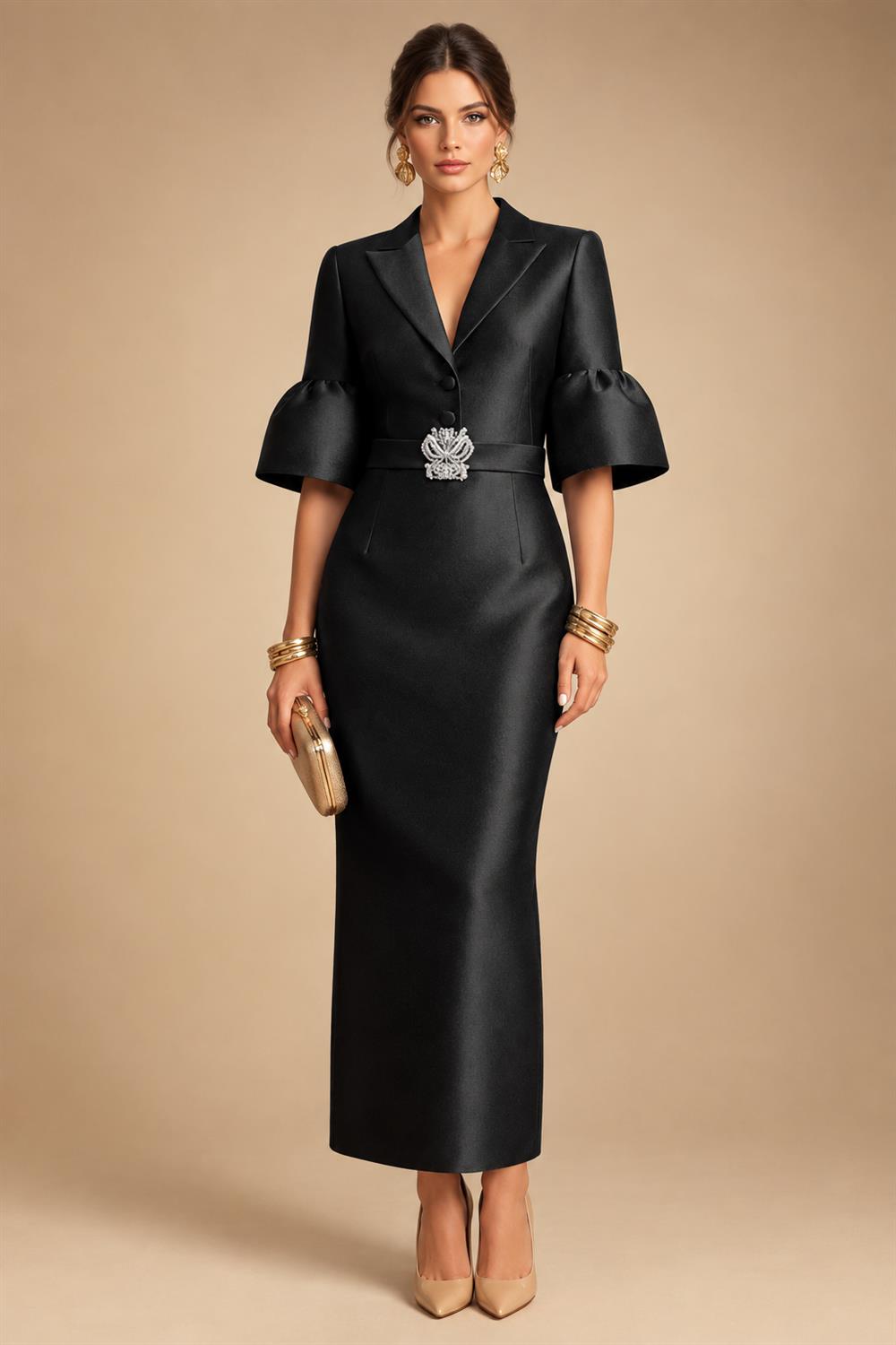 Sheath Satin Tea-Length Mother of the Bride & Groom Dresses with 3/4 Bell Sleeves & Crystal Embellished Belt (SHI22500471)
