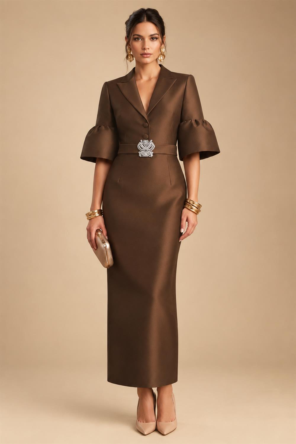 Sheath Satin Tea-Length Mother of the Bride & Groom Dresses with 3/4 Bell Sleeves & Crystal Embellished Belt (SHI22500471)