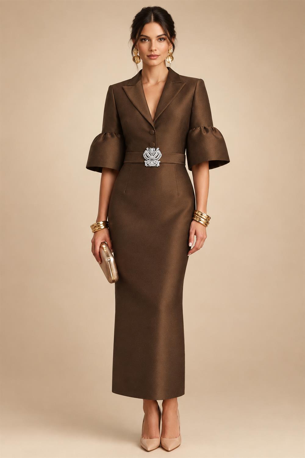Sheath Satin Tea-Length Mother of the Bride & Groom Dresses with 3/4 Bell Sleeves & Crystal Embellished Belt (SHI22500471)