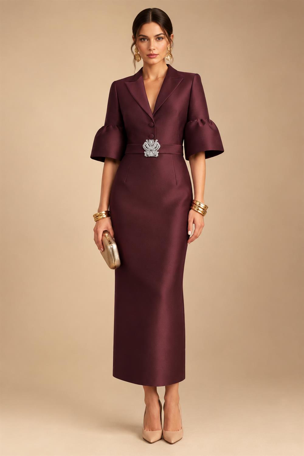 Sheath Satin Tea-Length Mother of the Bride & Groom Dresses with 3/4 Bell Sleeves & Crystal Embellished Belt (SHI22500471)