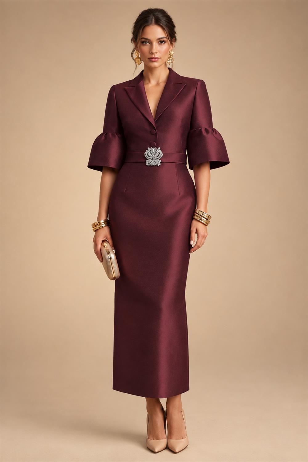 Sheath Satin Tea-Length Mother of the Bride & Groom Dresses with 3/4 Bell Sleeves & Crystal Embellished Belt (SHI22500471)
