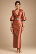 Sheath Satin Tea-Length Mother of the Bride & Groom Dresses with 3/4 Bell Sleeves & Crystal Embellished Belt (SHI22500471)