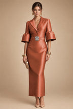 Sheath Satin Tea-Length Mother of the Bride & Groom Dresses with 3/4 Bell Sleeves & Crystal Embellished Belt (SHI22500471)