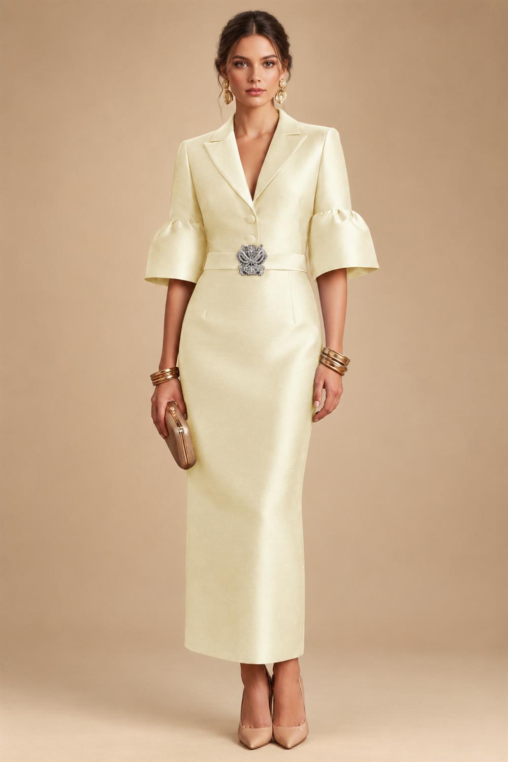 Sheath Satin Tea-Length Mother of the Bride & Groom Dresses with 3/4 Bell Sleeves & Crystal Embellished Belt (SHI22500471)