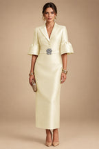 Sheath Satin Tea-Length Mother of the Bride & Groom Dresses with 3/4 Bell Sleeves & Crystal Embellished Belt (SHI22500471)