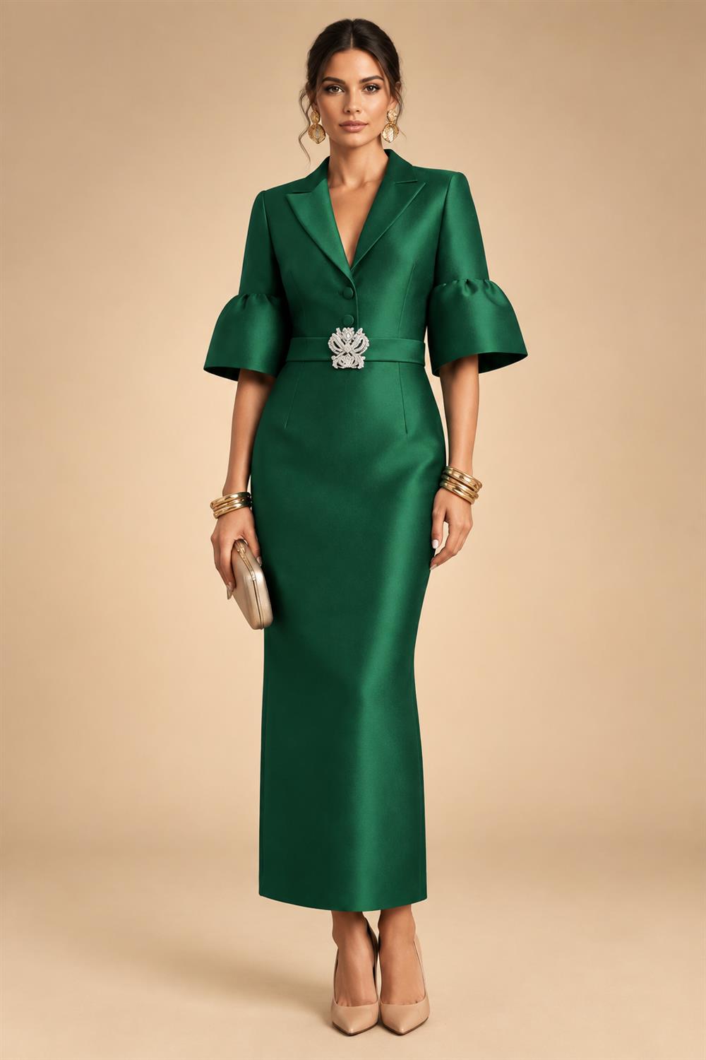 Sheath Satin Tea-Length Mother of the Bride & Groom Dresses with 3/4 Bell Sleeves & Crystal Embellished Belt (SHI22500471)