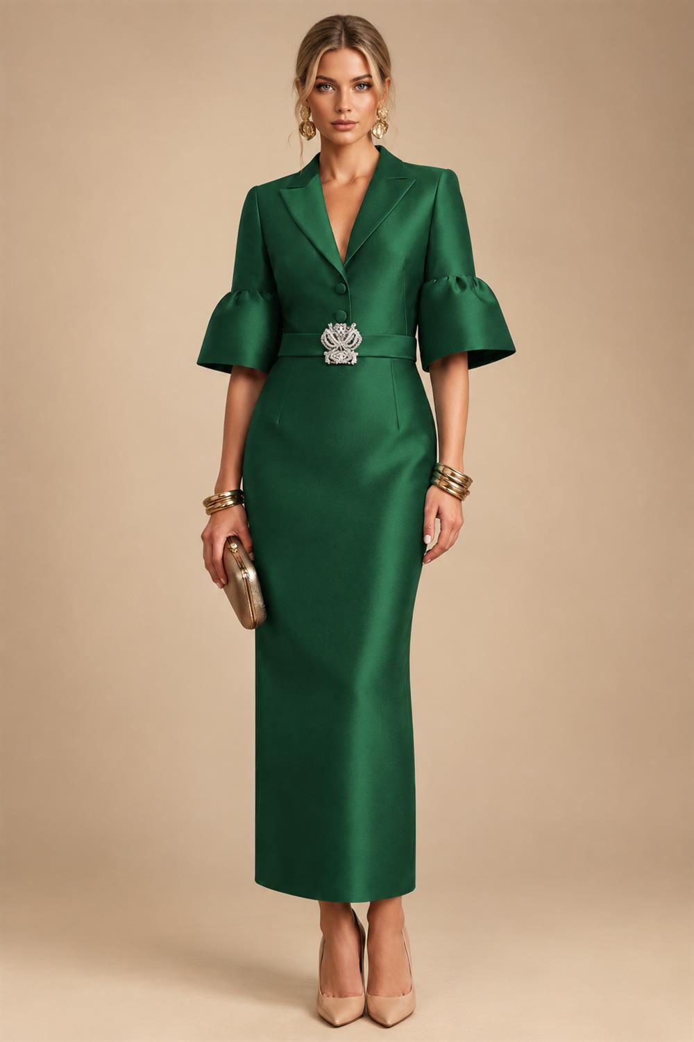 Sheath Satin Tea-Length Mother of the Bride & Groom Dresses with 3/4 Bell Sleeves & Crystal Embellished Belt (SHI22500471)