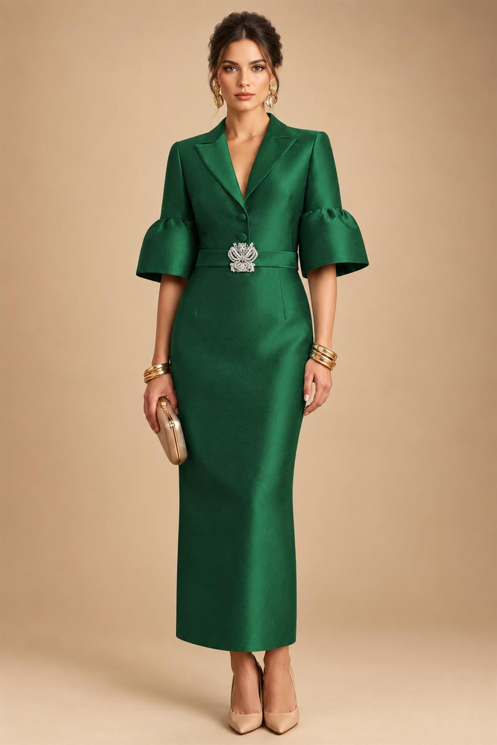 Sheath Satin Tea-Length Mother of the Bride & Groom Dresses with 3/4 Bell Sleeves & Crystal Embellished Belt (SHI22500471)