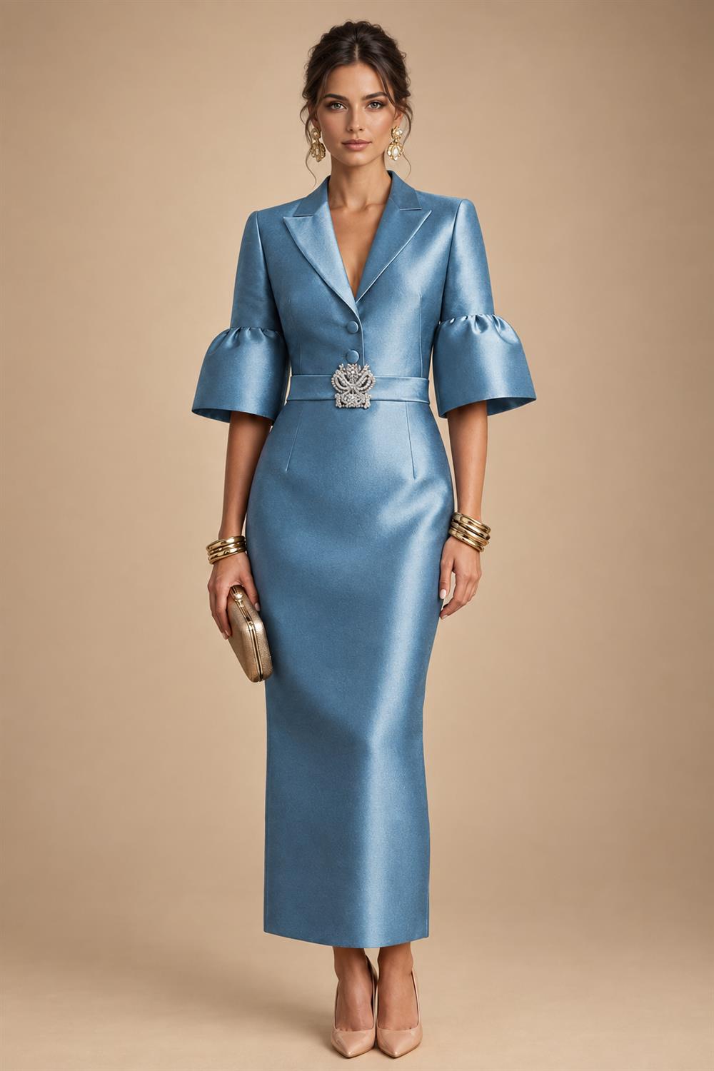 Sheath Satin Tea-Length Mother of the Bride & Groom Dresses with 3/4 Bell Sleeves & Crystal Embellished Belt (SHI22500471)