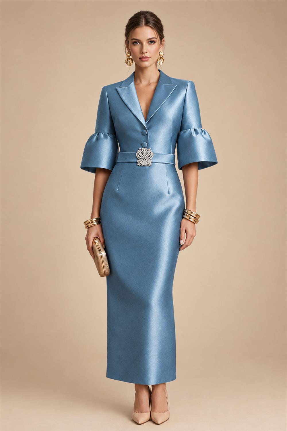 Sheath Satin Tea-Length Mother of the Bride & Groom Dresses with 3/4 Bell Sleeves & Crystal Embellished Belt (SHI22500471)