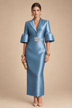 Sheath Satin Tea-Length Mother of the Bride & Groom Dresses with 3/4 Bell Sleeves & Crystal Embellished Belt (SHI22500471)
