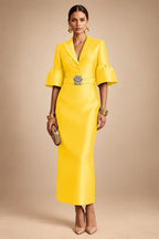 Sheath Satin Tea-Length Mother of the Bride & Groom Dresses with 3/4 Bell Sleeves & Crystal Embellished Belt (SHI22500471)