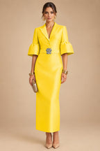 Sheath Satin Tea-Length Mother of the Bride & Groom Dresses with 3/4 Bell Sleeves & Crystal Embellished Belt (SHI22500471)