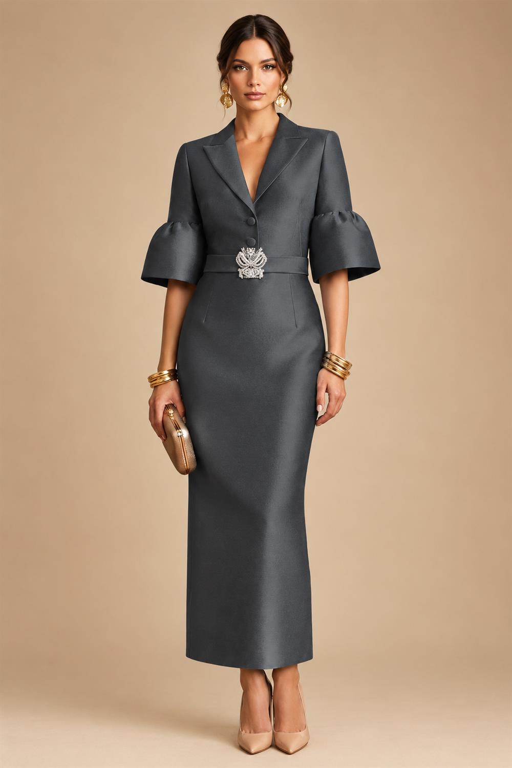 Sheath Satin Tea-Length Mother of the Bride & Groom Dresses with 3/4 Bell Sleeves & Crystal Embellished Belt (SHI22500471)