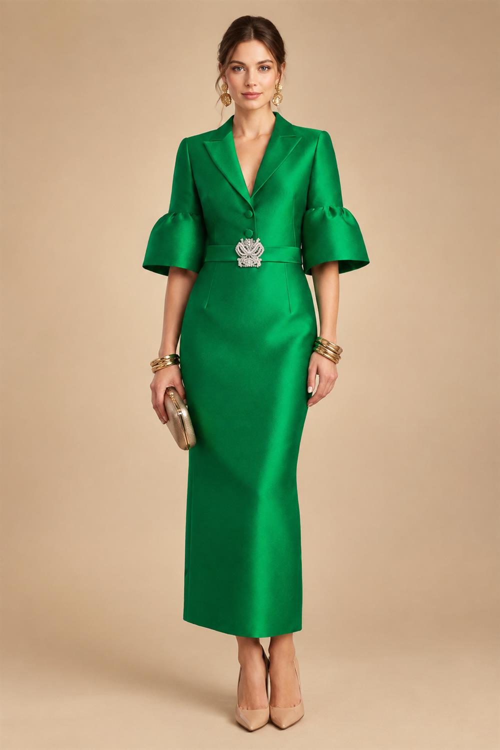 Sheath Satin Tea-Length Mother of the Bride & Groom Dresses with 3/4 Bell Sleeves & Crystal Embellished Belt (SHI22500471)