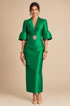 Sheath Satin Tea-Length Mother of the Bride & Groom Dresses with 3/4 Bell Sleeves & Crystal Embellished Belt (SHI22500471)