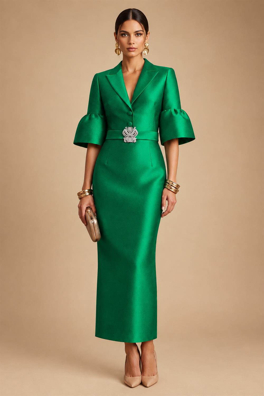 Sheath Satin Tea-Length Mother of the Bride & Groom Dresses with 3/4 Bell Sleeves & Crystal Embellished Belt (SHI22500471)