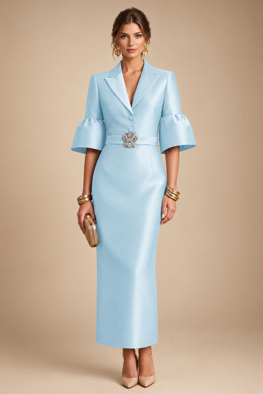 Sheath Satin Tea-Length Mother of the Bride & Groom Dresses with 3/4 Bell Sleeves & Crystal Embellished Belt (SHI22500471)