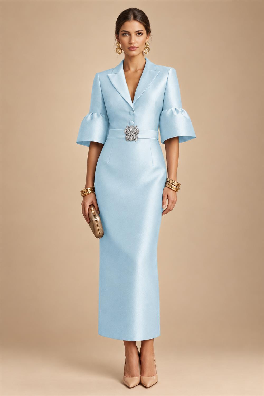 Sheath Satin Tea-Length Mother of the Bride & Groom Dresses with 3/4 Bell Sleeves & Crystal Embellished Belt (SHI22500471)