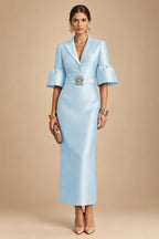 Sheath Satin Tea-Length Mother of the Bride & Groom Dresses with 3/4 Bell Sleeves & Crystal Embellished Belt (SHI22500471)