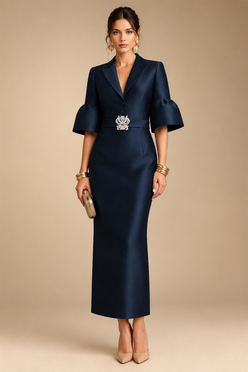 Sheath Satin Tea-Length Mother of the Bride & Groom Dresses with 3/4 Bell Sleeves & Crystal Embellished Belt (SHI22500471)