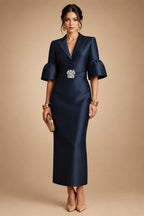 Sheath Satin Tea-Length Mother of the Bride & Groom Dresses with 3/4 Bell Sleeves & Crystal Embellished Belt (SHI22500471)
