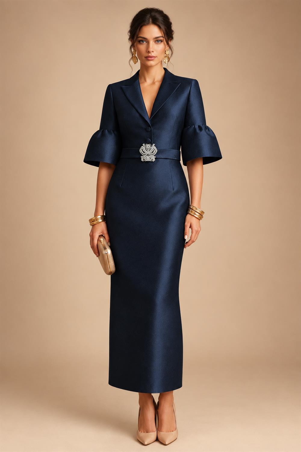 Sheath Satin Tea-Length Mother of the Bride & Groom Dresses with 3/4 Bell Sleeves & Crystal Embellished Belt (SHI22500471)