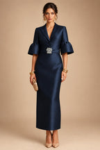 Sheath Satin Tea-Length Mother of the Bride & Groom Dresses with 3/4 Bell Sleeves & Crystal Embellished Belt (SHI22500471)