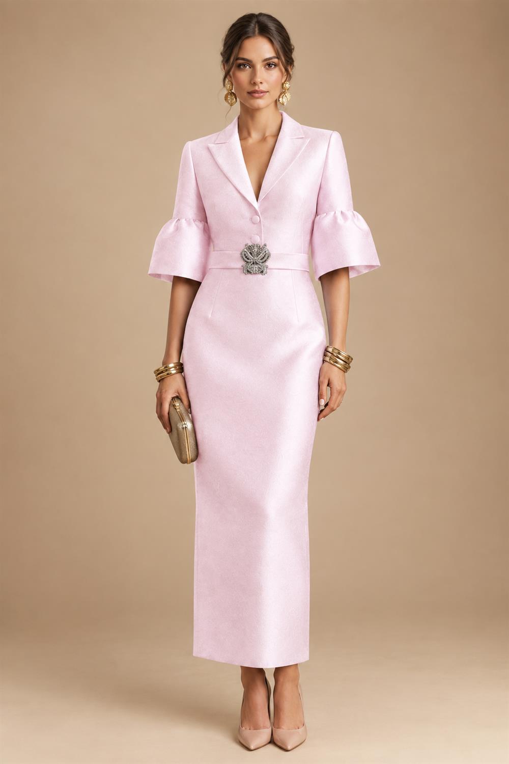 Sheath Satin Tea-Length Mother of the Bride & Groom Dresses with 3/4 Bell Sleeves & Crystal Embellished Belt (SHI22500471)