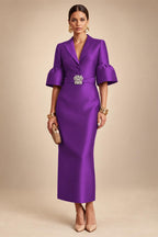 Sheath Satin Tea-Length Mother of the Bride & Groom Dresses with 3/4 Bell Sleeves & Crystal Embellished Belt (SHI22500471)
