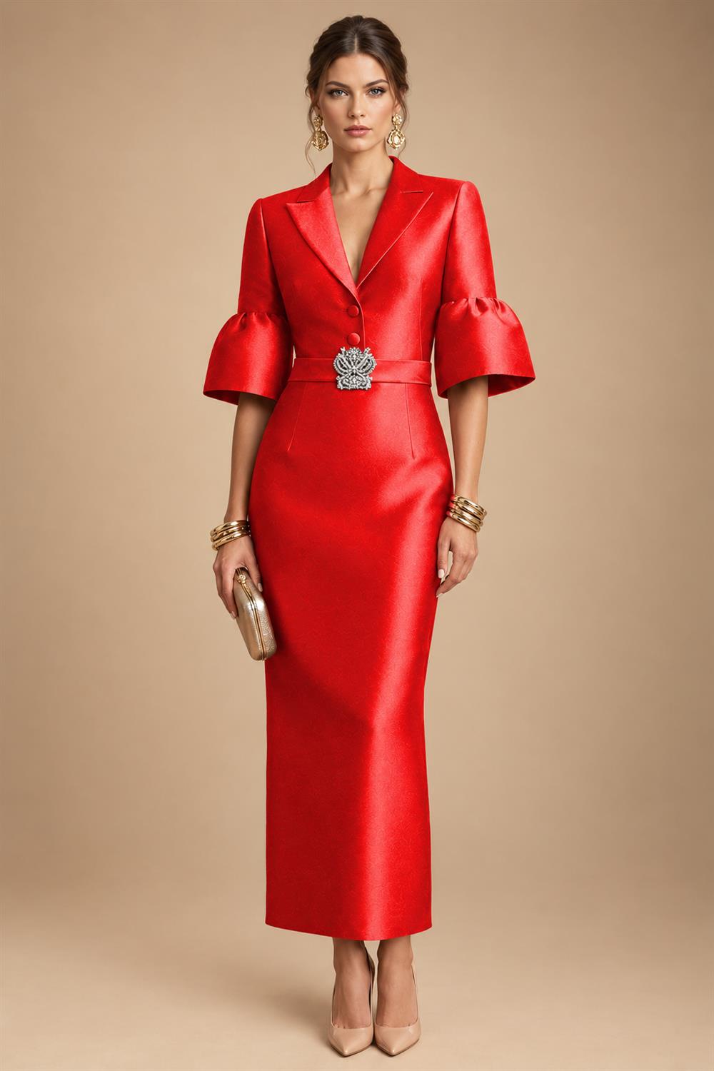 Sheath Satin Tea-Length Mother of the Bride & Groom Dresses with 3/4 Bell Sleeves & Crystal Embellished Belt (SHI22500471)