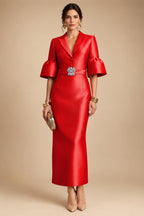 Sheath Satin Tea-Length Mother of the Bride & Groom Dresses with 3/4 Bell Sleeves & Crystal Embellished Belt (SHI22500471)