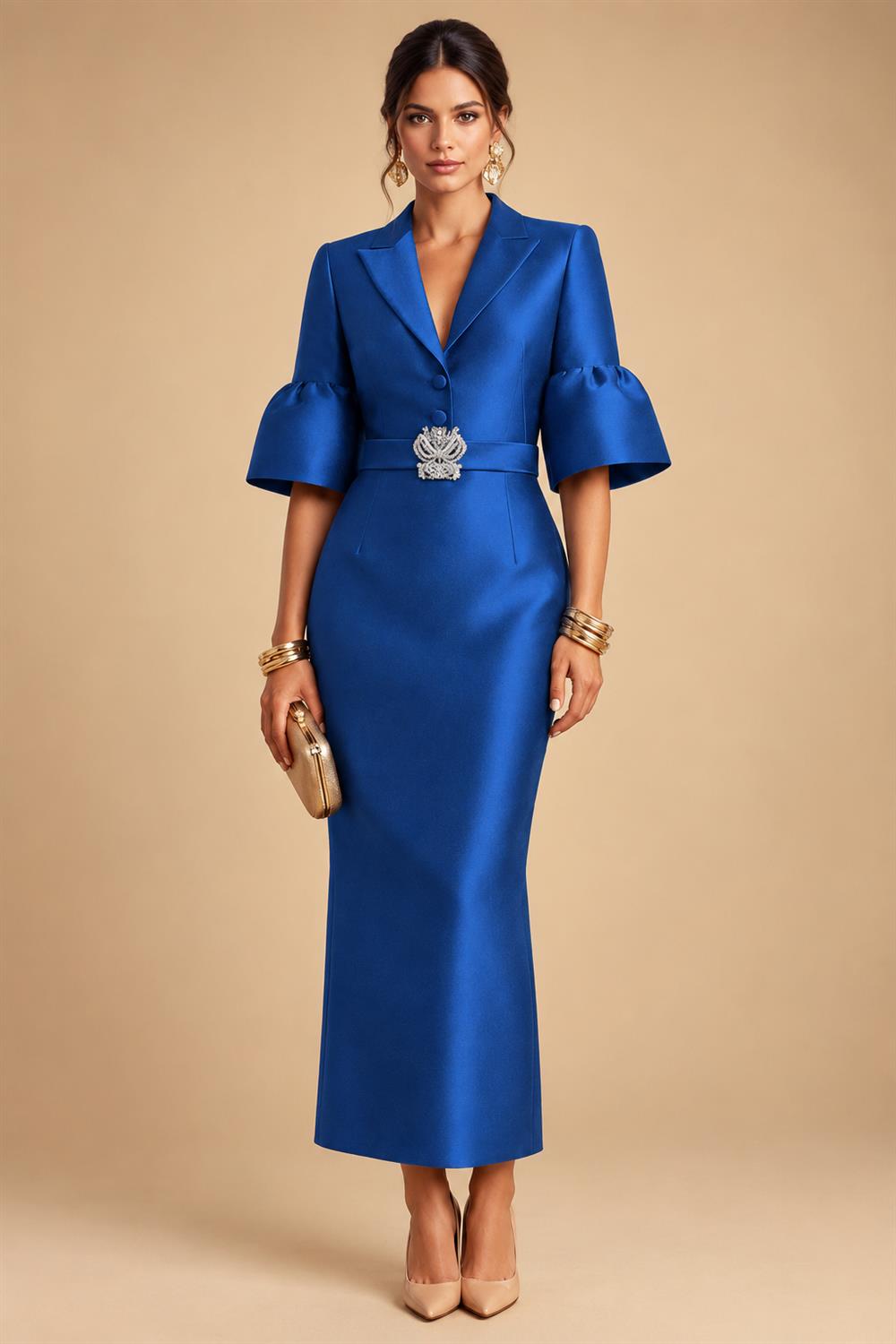 Sheath Satin Tea-Length Mother of the Bride & Groom Dresses with 3/4 Bell Sleeves & Crystal Embellished Belt (SHI22500471)
