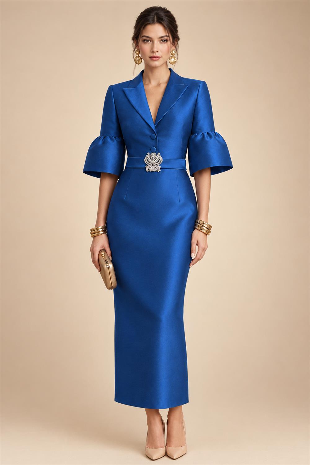 Sheath Satin Tea-Length Mother of the Bride & Groom Dresses with 3/4 Bell Sleeves & Crystal Embellished Belt (SHI22500471)