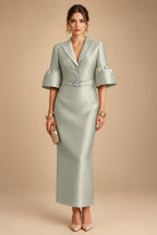 Sheath Satin Tea-Length Mother of the Bride & Groom Dresses with 3/4 Bell Sleeves & Crystal Embellished Belt (SHI22500471)