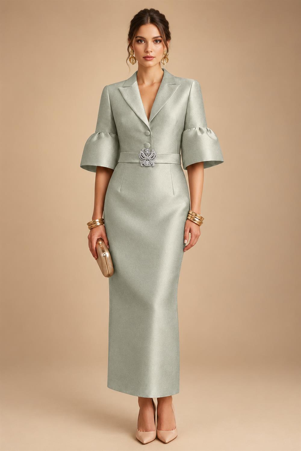 Sheath Satin Tea-Length Mother of the Bride & Groom Dresses with 3/4 Bell Sleeves & Crystal Embellished Belt (SHI22500471)