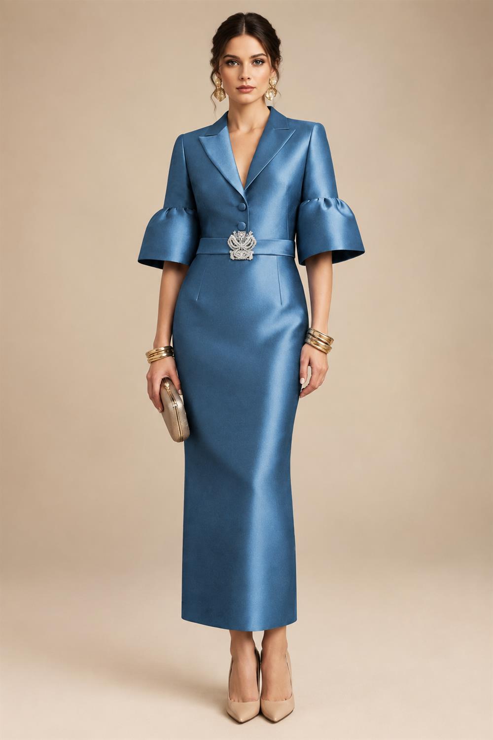 Sheath Satin Tea-Length Mother of the Bride & Groom Dresses with 3/4 Bell Sleeves & Crystal Embellished Belt (SHI22500471)