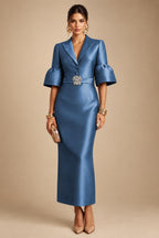 Sheath Satin Tea-Length Mother of the Bride & Groom Dresses with 3/4 Bell Sleeves & Crystal Embellished Belt (SHI22500471)