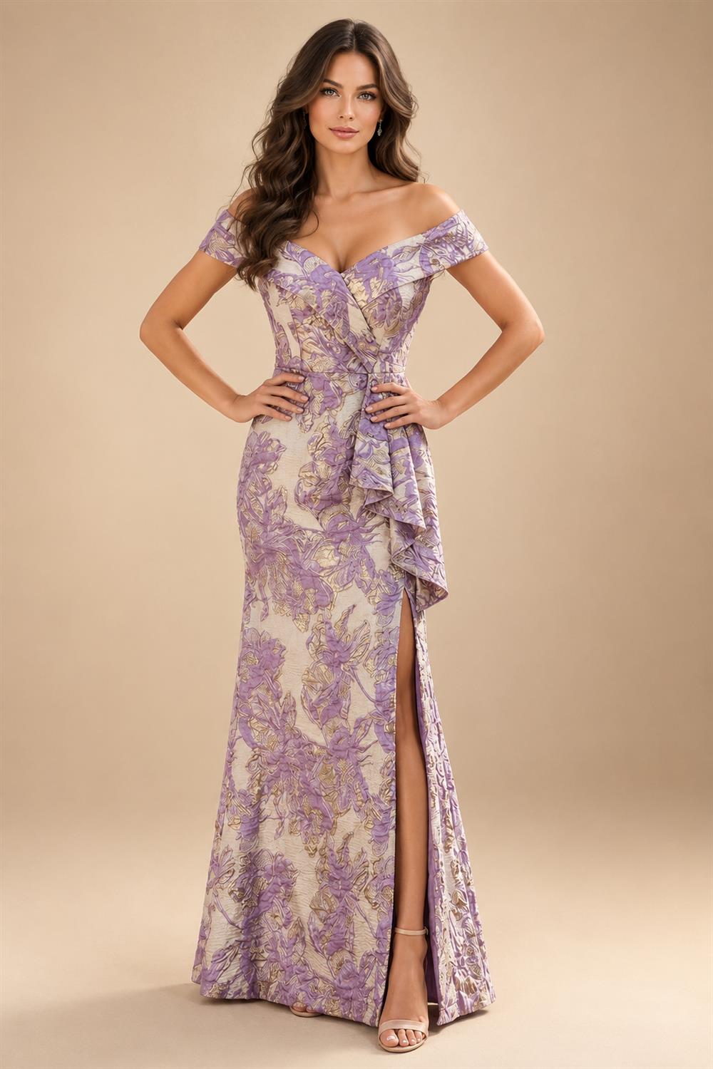 Sheath Floral Jacquard Off Shoulder Mother of the Bride & Groom Dresses with Flower (SHI22500777)